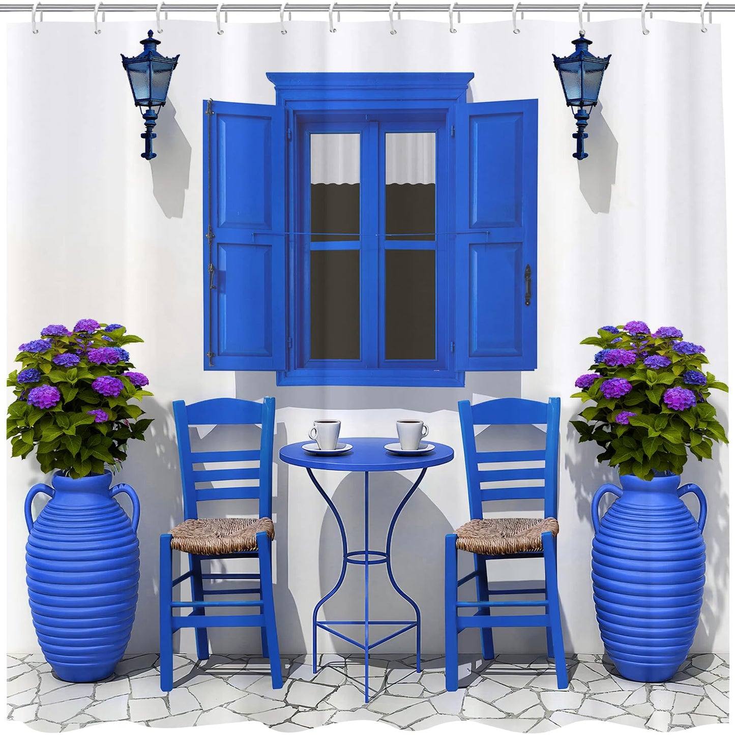 GOOESING Summer Travel Shower Curtain House Flowers Window Image Greek Design Landscape Shower Curtain with Hooks Navy Blue and White Bathroom Decor