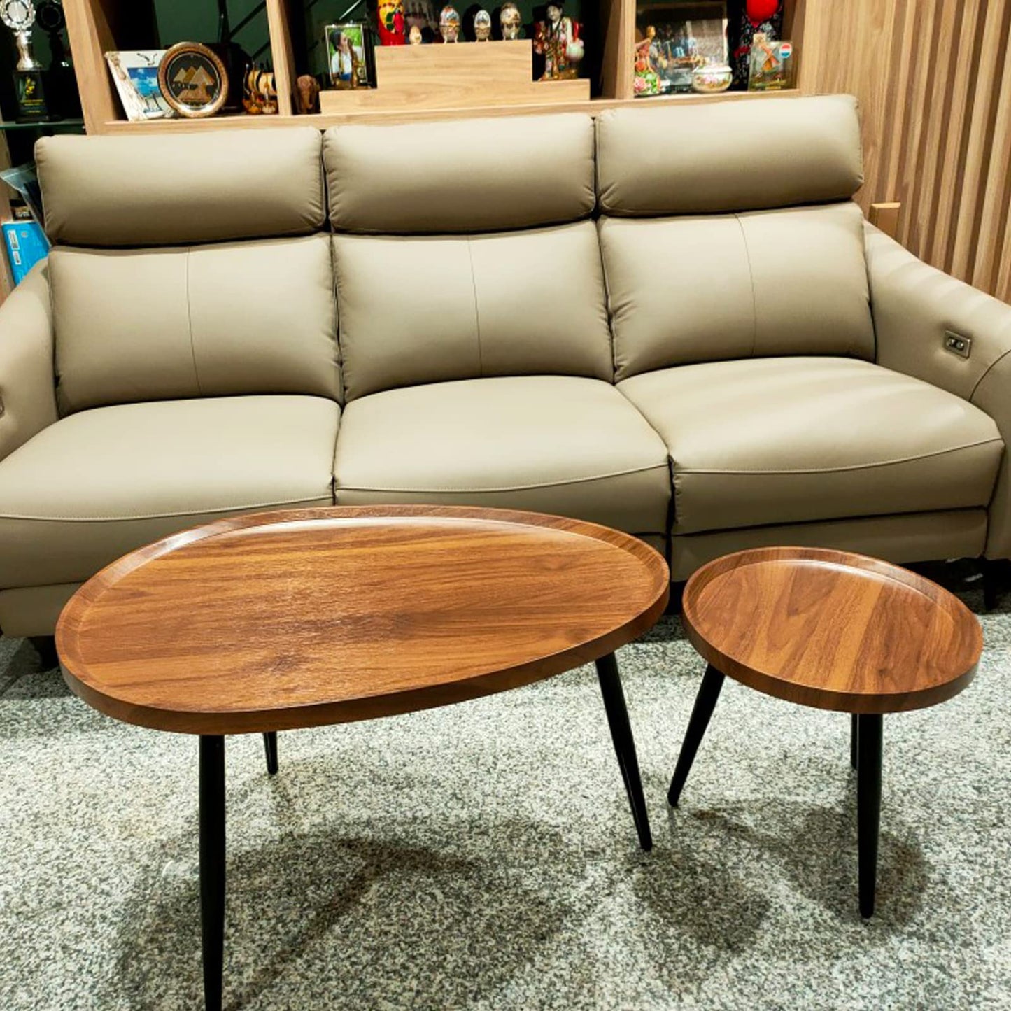 Oval Coffee Table Nest Wood: 2 Nesting Set Large 80cm and Small Round Tables 40cm MDF Wooden Tabletop Under Sofa Table with Metal Triangle Legs