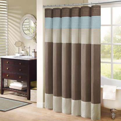 Madison Park Bathroom Shower Faux Silk Pieced Striped Modern Microfiber Bath Curtains, Polyester, Blue, 72" W x 72" L (Pack of 1)
