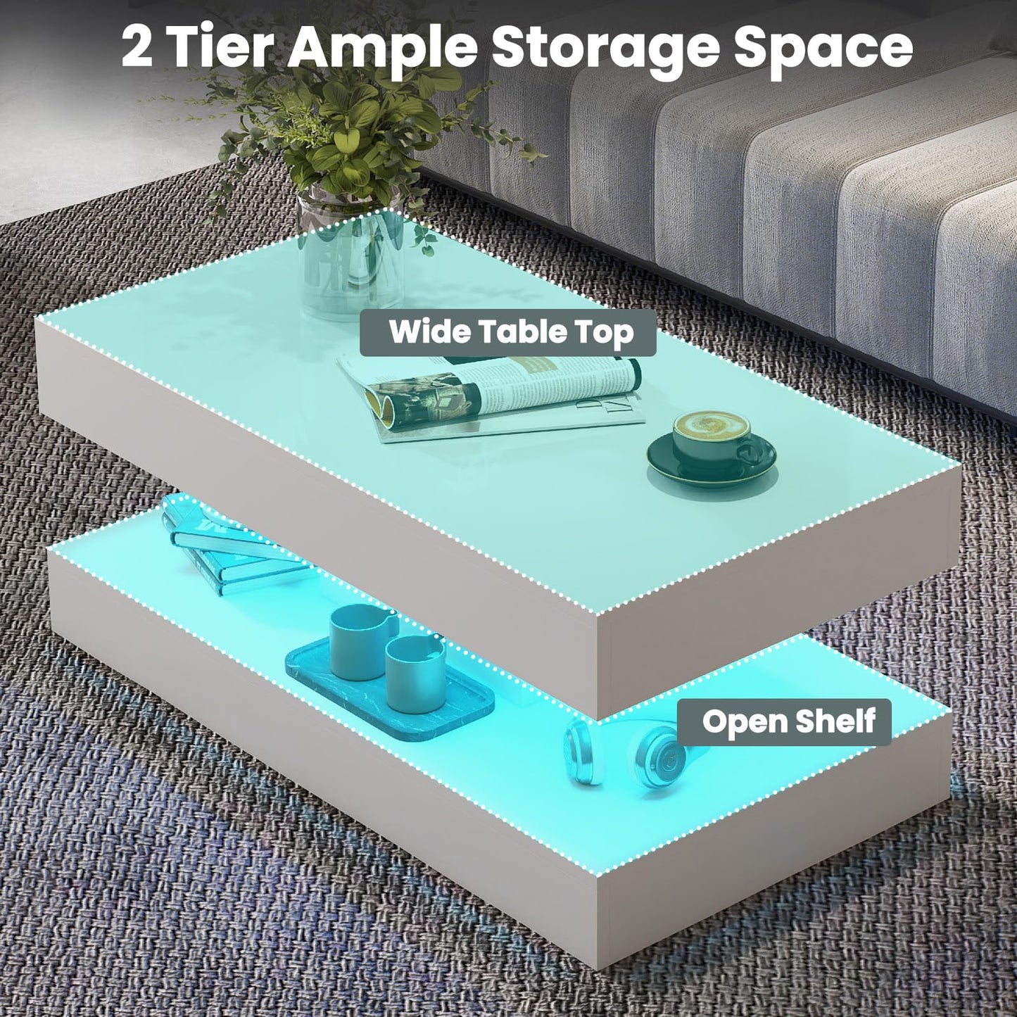 COSVALVE White Coffee Table Living Room Tables with LED Light, 2 Tier Centre Table High Gloss Modern Rectangle Tea Table for Home, Office