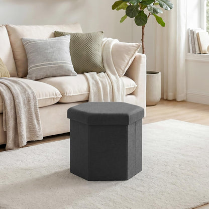 PINPLUS Folding Storage Ottoman, Linen Hexagonal Footrest, Dark Grey