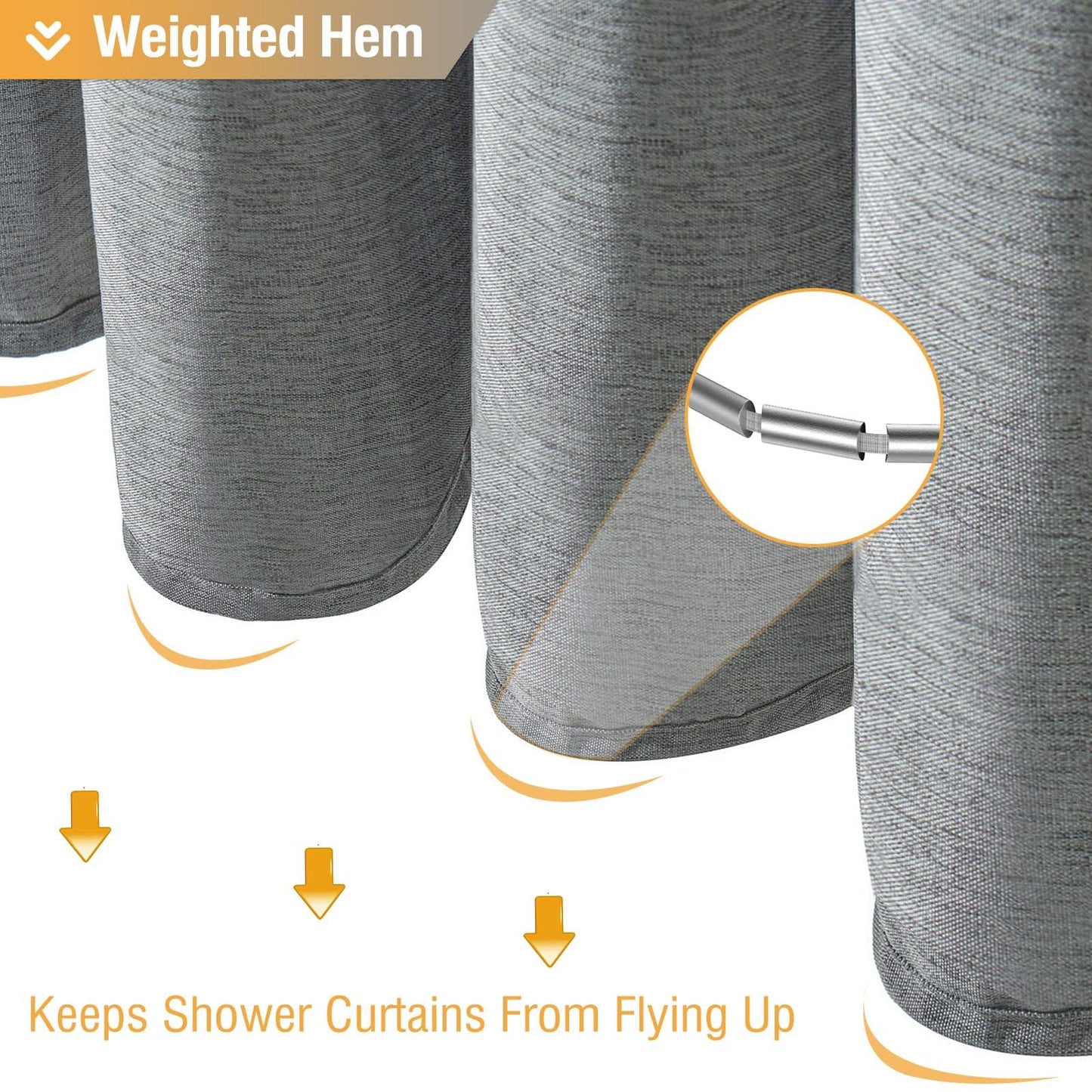 BTTN Long Linen Look Weighted Shower Curtain, Waterproof, 182x200cm, Grey
