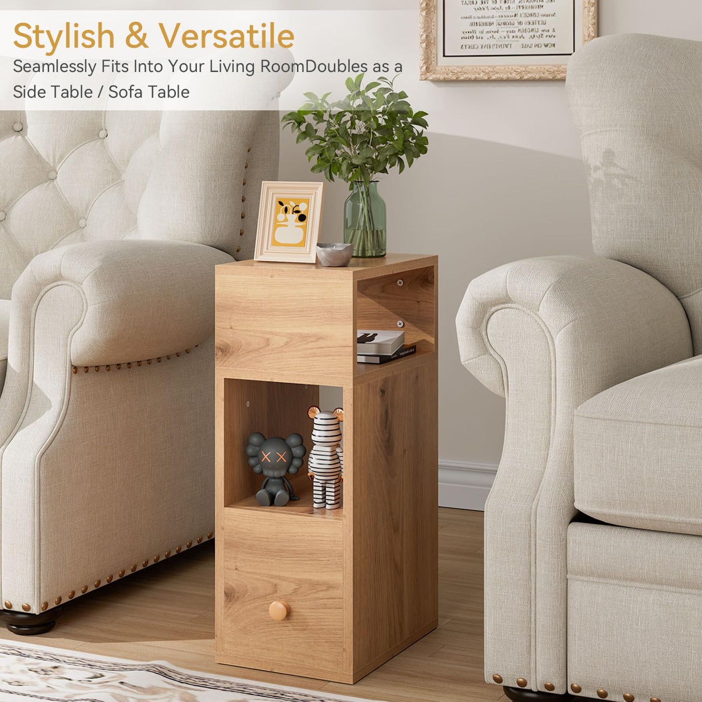 IBUYKE Slim Bedside Table Set of 2,Narrow Nightstand,Walnut Color WNS006K-2