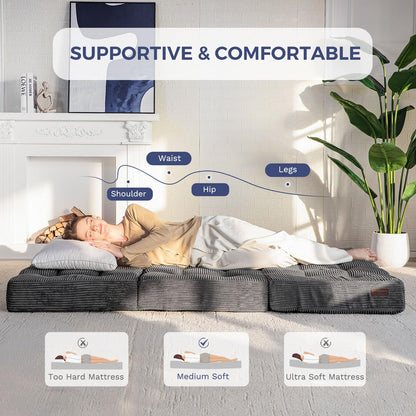MAXYOYO Folding Mattress, Comfy Corduroy Foldable Mattress with 15cm Thicken Foam, Tri-Fold Floor Futon Sofa Bed for Guest,Dark gray,Single