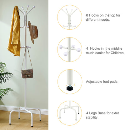 Hoctieon Entryway Coat Rack Freestanding With 12 Hooks, Metal Coat Tree Stand, Heavy Duty Floor Standing Hanger, White