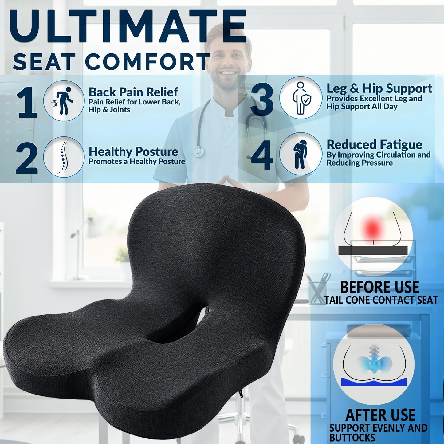 SICOUSOK Memory Foam Seat Cushion for Truck Drivers Office Chairs Wheelchair Ergonomic Seat Cushion for Back, Tailbone