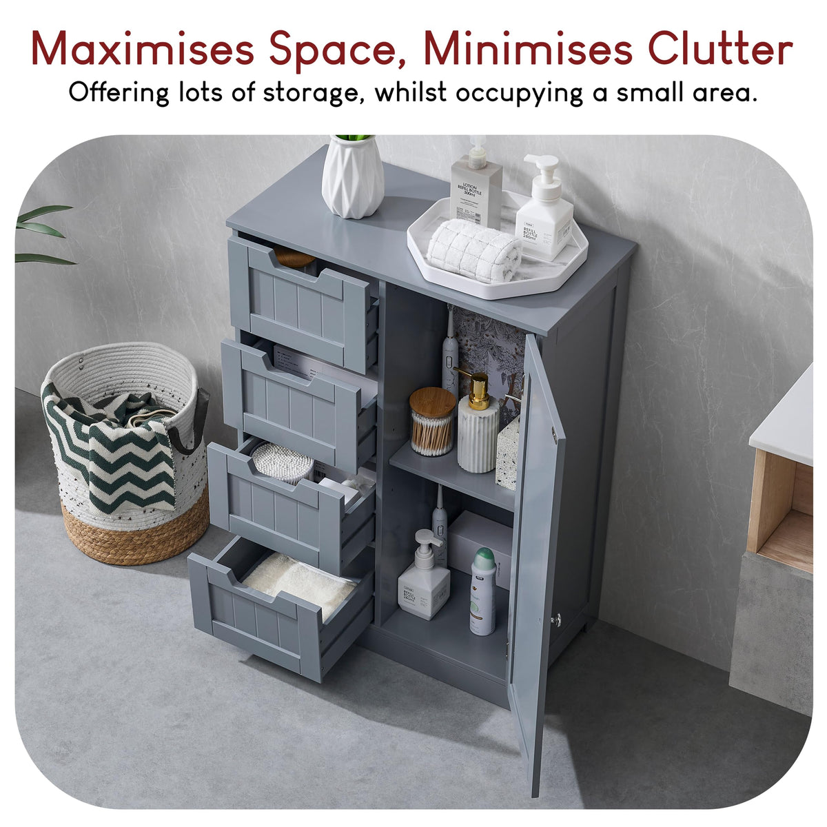 Bath Vida Priano Freestanding 4 Drawer 1 Door Bathroom Floor Cabinet, Grey