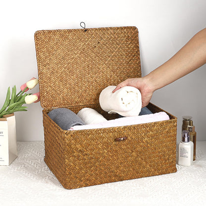 IGNPION Seagrass Storage Basket with Lid,Wicker Woven Shelf Basket,Caramels