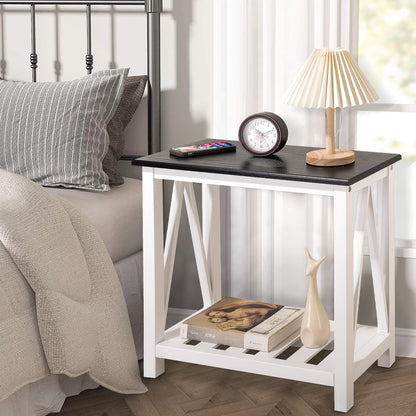 FEUFOAM Farmhouse End Side Table Wood Frame Narrow Side Table with Shelves Black White Rectangular Night Stand Sofa Table for Couch, Small Spaces