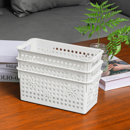 Cetomo Plastic Storage Box, Storage Baskets with Handle, Shelf Basket Organizer with Hole, Open Top Storage Bin for Home Kitchen Office, White