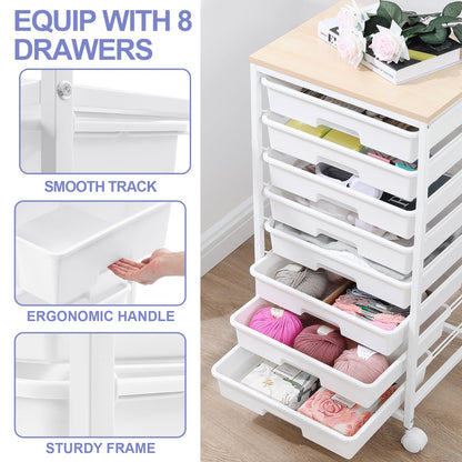 SYKIARIOL 8 Drawers Rolling Storage Trolley, Utility Storage Cart on Lockable Wheels with Plastic Drawers, Multipurpose Mobile Organizer Unit for