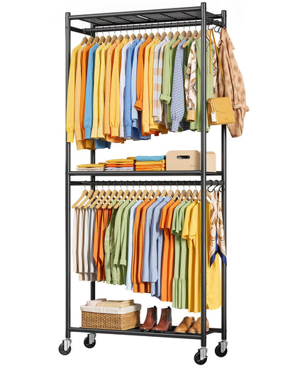 Sakugi Metal Clothing Rack Shelves Hooks & Wheels, 84x31x202cm, Black