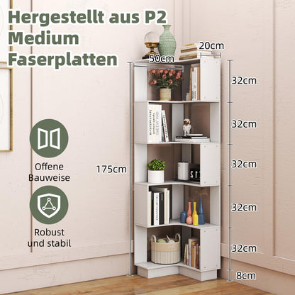 uyoyous Bookcase White, Corner Bookcase with 6 Levels, 175 cm Corner Shelf, Standing, 90° L-shaped Bookcase for Study, Bedroom, Office