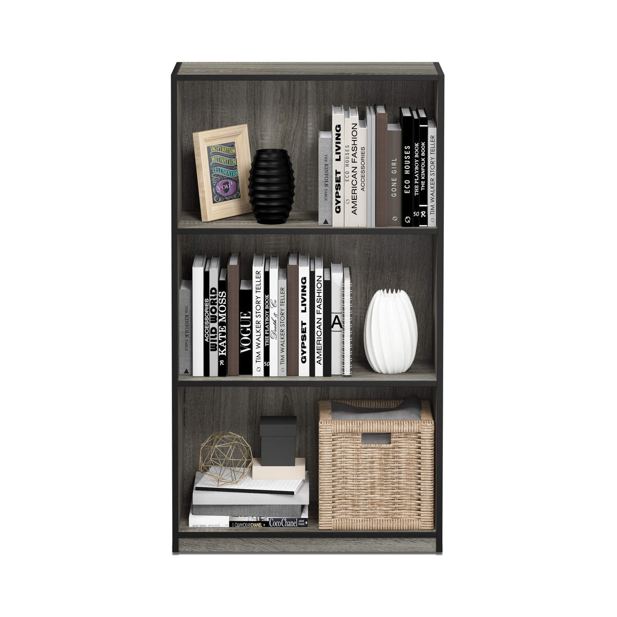 Furinno BASIC Book Shelf, 3-Tier Modern Bookshelf, Bookcase with Open Shelves, 9.3 x 21.8 x 39.5, for Living Room, Bedroom, Home Office