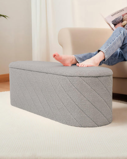 Bonlife Oval Ottoman with Storage Bench, Folding Foot Rest with Lid, Boucle End of Bed Bench,Foostool for Living