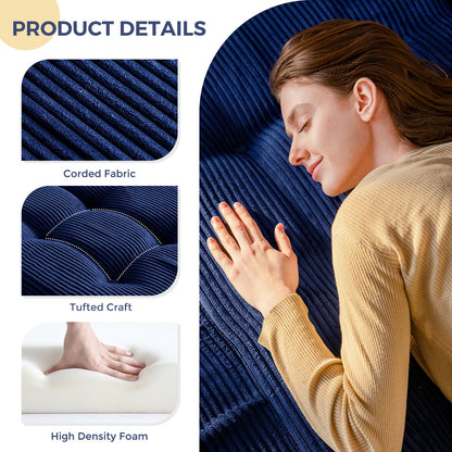 MAXYOYO Folding Mattress, Comfy Corduroy Foldable Mattress with 15cm Thicken Foam, Tri-Fold Floor Futon Sofa Bed for Guest,Dark blue,Small Single