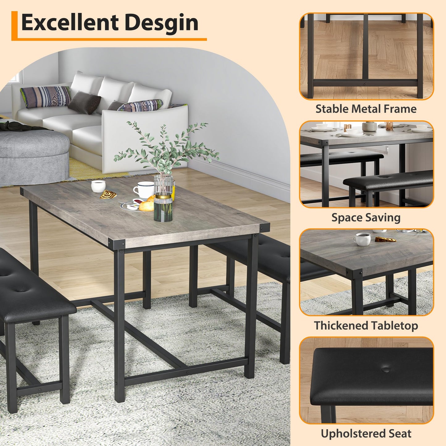 GarveeHome Dining Table with 2 Benches, 3 Piece Kitchen Table Set, Space Saving Dining Room Furniture, Metal Frame