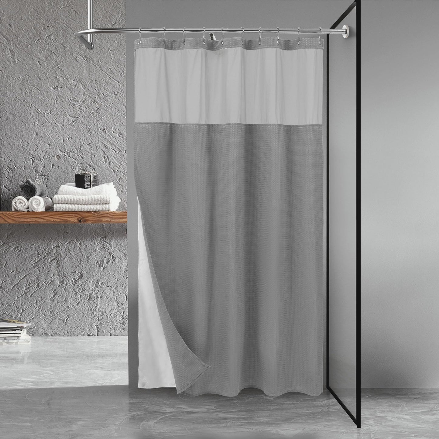 Stall Waffle Shower Curtain with Snap-in Fabric Liner & Hooks Set - 54" x 78" Shower Stall Size, Hotel Style & Mesh Top Window, Machine Washable