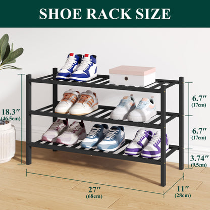smiry Natural Bamboo Shoe Rack, 3 Tier Wooden Stackable Shoe Storage Organiser, Free Standing Shoes Storage Shelf for Entryway, Hallway, Small Spaces