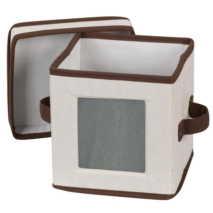 Household Essentials Dinnerware Storage Chest for Saucers, Natural Canvas with Brown Trim