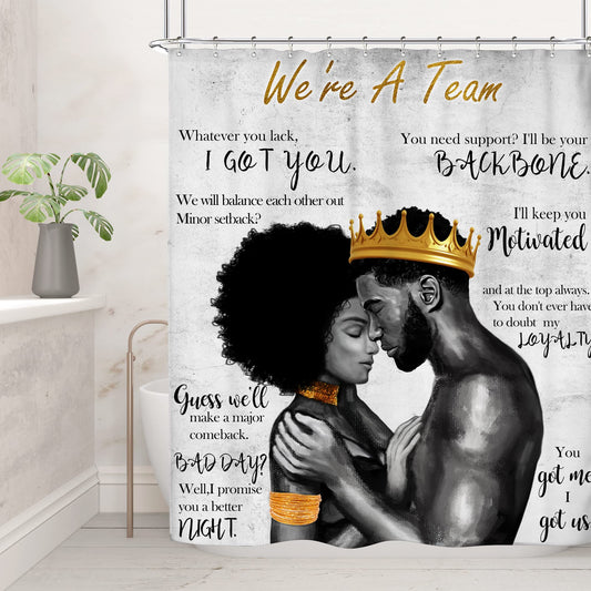 Riyidecor African American Shower Curtain Black King and Queen Afro Romantic Couple Man Woman 60Wx72H Inch Vintage Positive Inspirational Quote Fabric