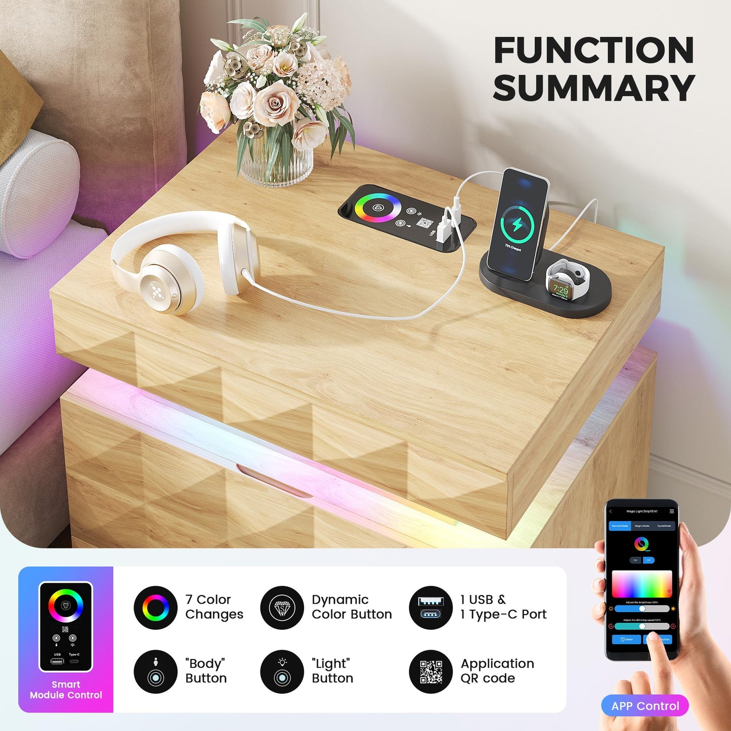 FREDEES RGB Bedside Table with Hidden Storage for Bedroom, Wood