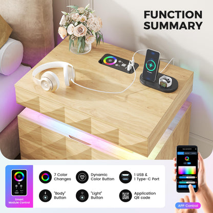 FREDEES RGB Bedside Table with Hidden Storage for Bedroom, Wood