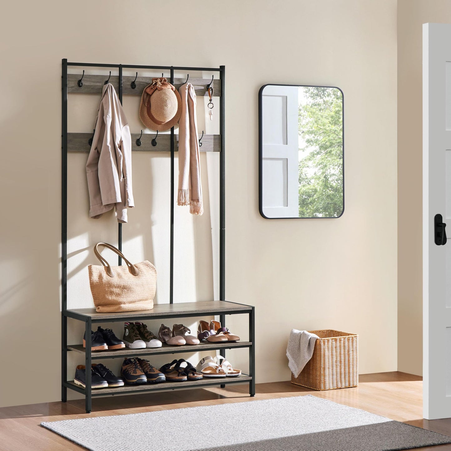 Yaheetech 3-in-1 Hall Tree Coat Rack with Shoe Bench & 24 Hooks, Gray