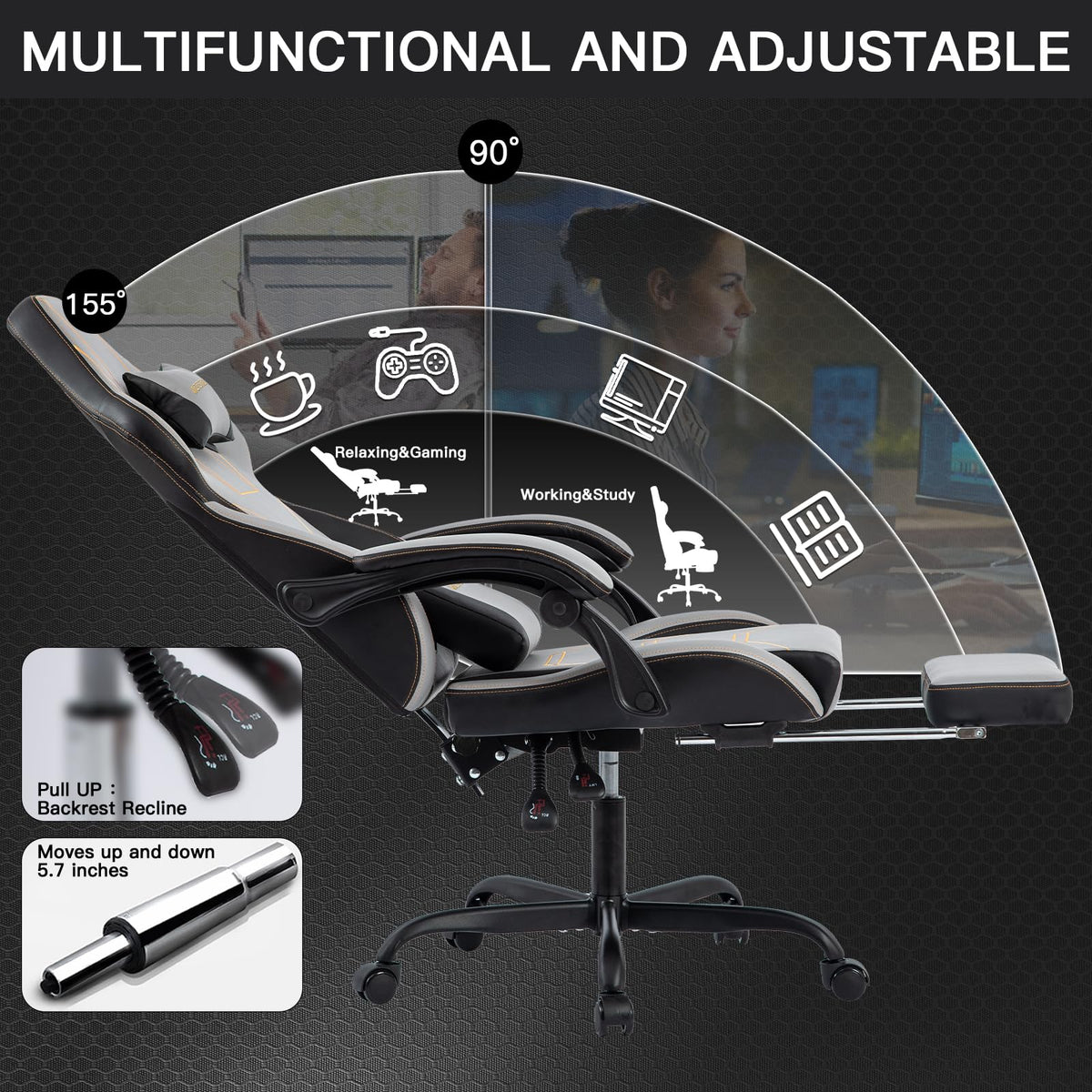 Gaming Chair, Ergonomic Gaming Chair, Computer Chair with Headrest and Lumbar, Racing Computer Chairs, Height Adjustable Rotating PC Chairs