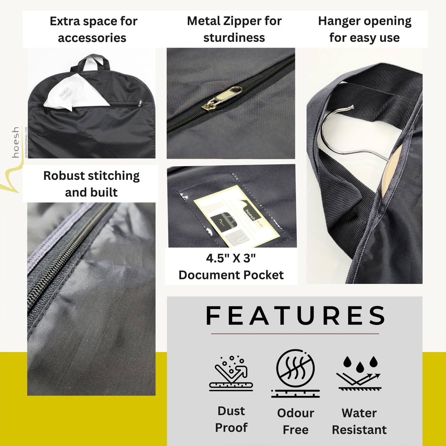 Hoesh UK - Black 44" Waterproof Mens Suit Garment Protection Carrier - clothes bags, suit bag for men, travel garment bags, suit covers