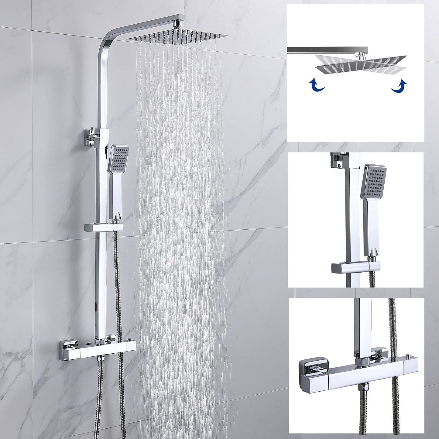 Huibathroom Thermostat Shower System, Square Thermostatic 38 ?C Shower Mixer Set with Rainfall Shower Head, Handheld Shower, Riser Rail, Adjustable