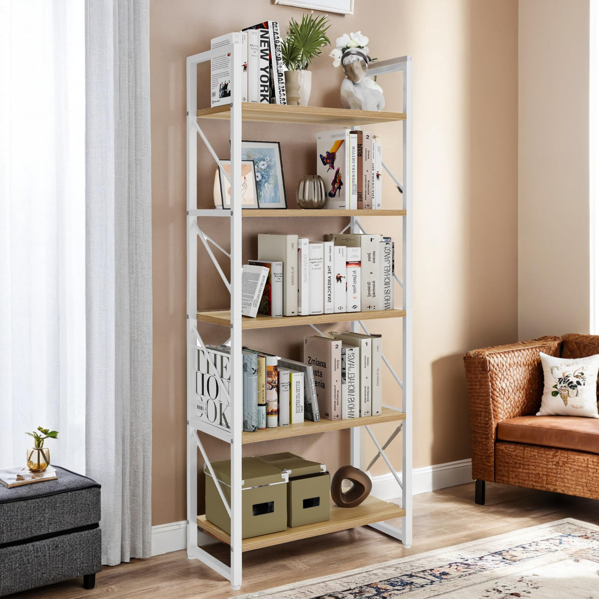 YITAHOME Bookshelf, 5 Tiers Bookcase Tall Book shelf with Metal Frame, Industrial Display Storage Rack