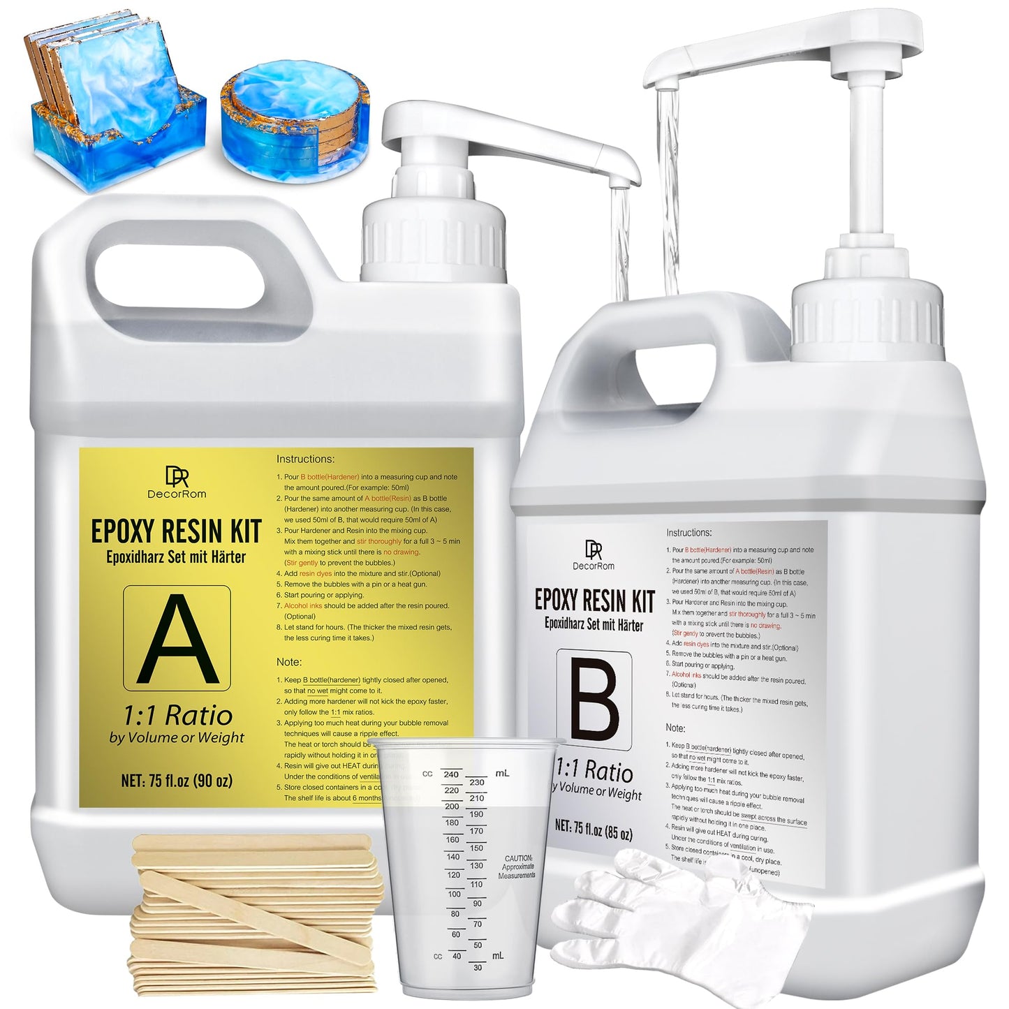Epoxy Resin Kit - 4.4L / 175oz Crystal Clear Self-Leveling Epoxy Resin with Pump for DIY Resin Art, Table Top, Jewelry Making - 1:1 Ratio Bubbles Free
