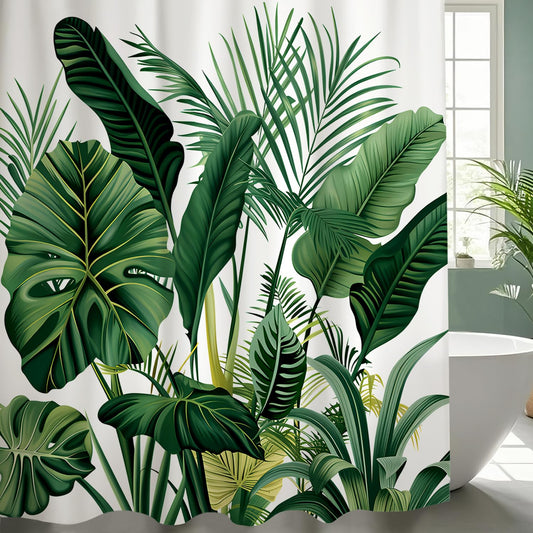 NEJLCTOROUS Shower Curtain Green,Tropical Leaves Bathroom Curtain,Polyester Washable Fabric Leaf Plant Bath Curtain with 12 Hooks for Wet Room (200cm