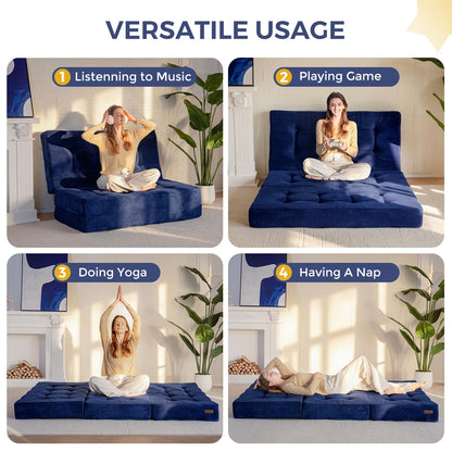 MAXYOYO Folding Mattress, Comfy Corduroy Foldable Mattress with 15cm Thicken Foam, Tri-Fold Floor Futon Sofa Bed for Guest,Dark blue,Double