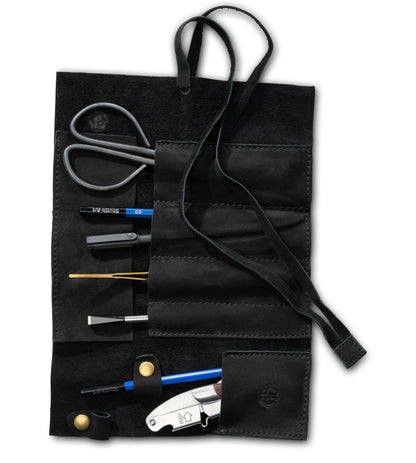 Angus Stoke Leather Roll Bag (Black) - Handmade Leather Case for Pens, Brushes and Accessories, 4 Compartments, Leonardo