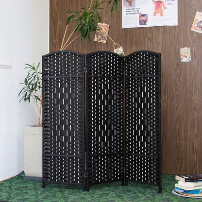 Furnnylane 3 Panel Black Rattan Divider Short Room Partition Screen,Double Sided Short Folding Divider for Room Separation,120 cm Tall