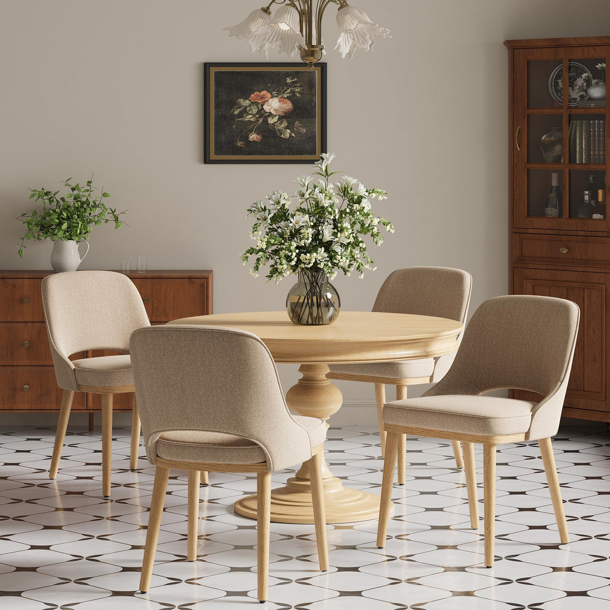 Dining Chairs Set of 4, Upholstered Dining Room Chairs with Chenille Fabric, Ergonomic Backrest, High Density Cushion & Rubber Wood Frame
