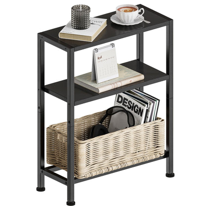 Vantimo Narrow Side Table, 3-Tier Small Shelving Unit, Slim Bedside Table for Small Space, Living Room, Bedroom, Sofa, Couch (Black)
