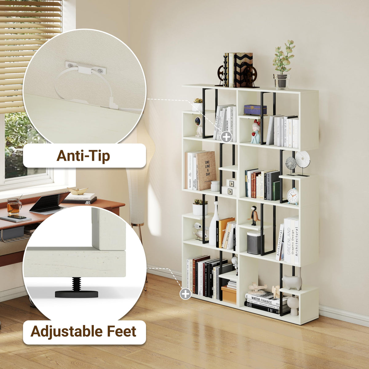Manora White Bookcase 4 Tier Narrow Bookcase Room Divider Shelves