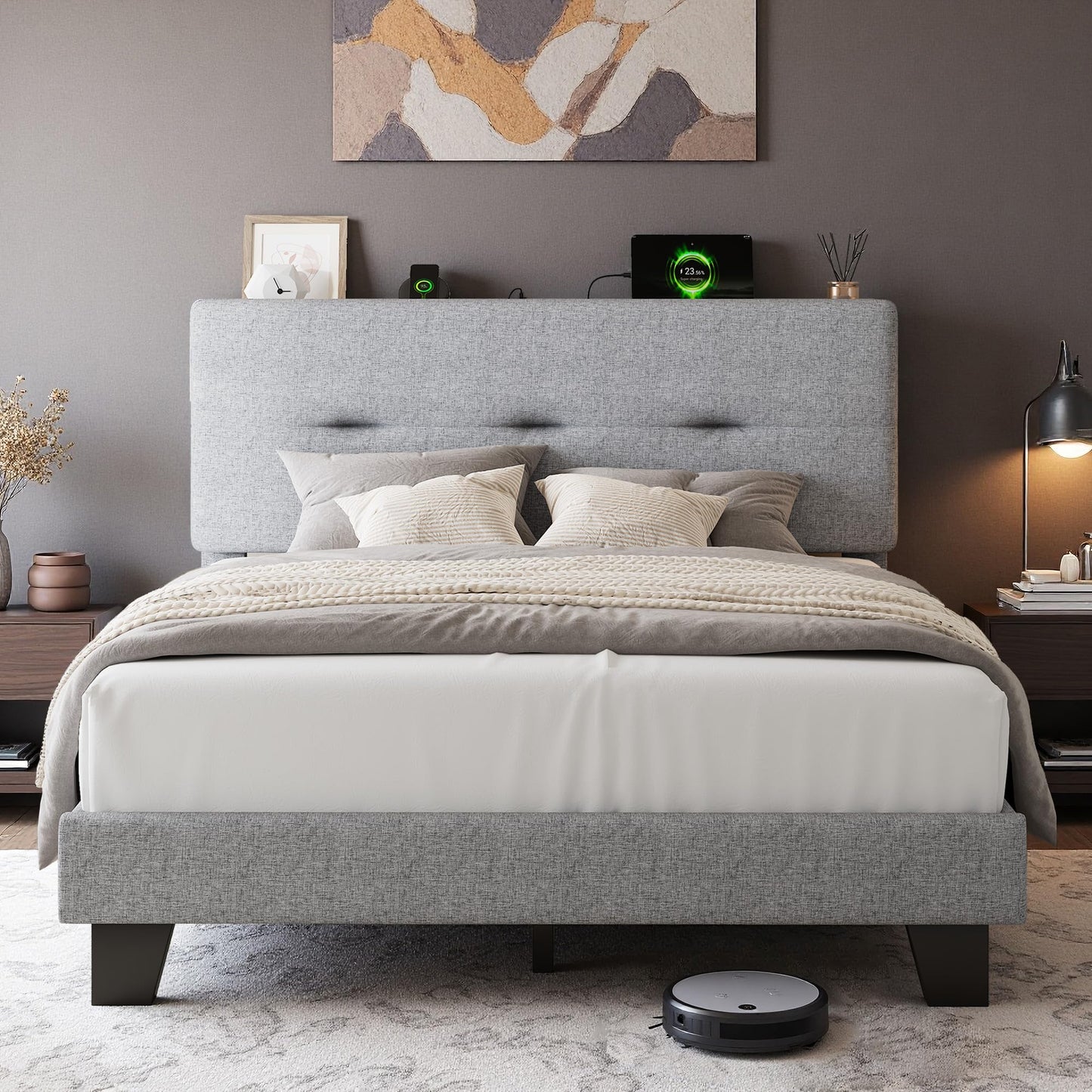 Feonase 4ft Double Bed Frame with Storage Linen Headboard, Upholstered Bedframe double bed with Charging Station, Sturdy Wooden Slat Support
