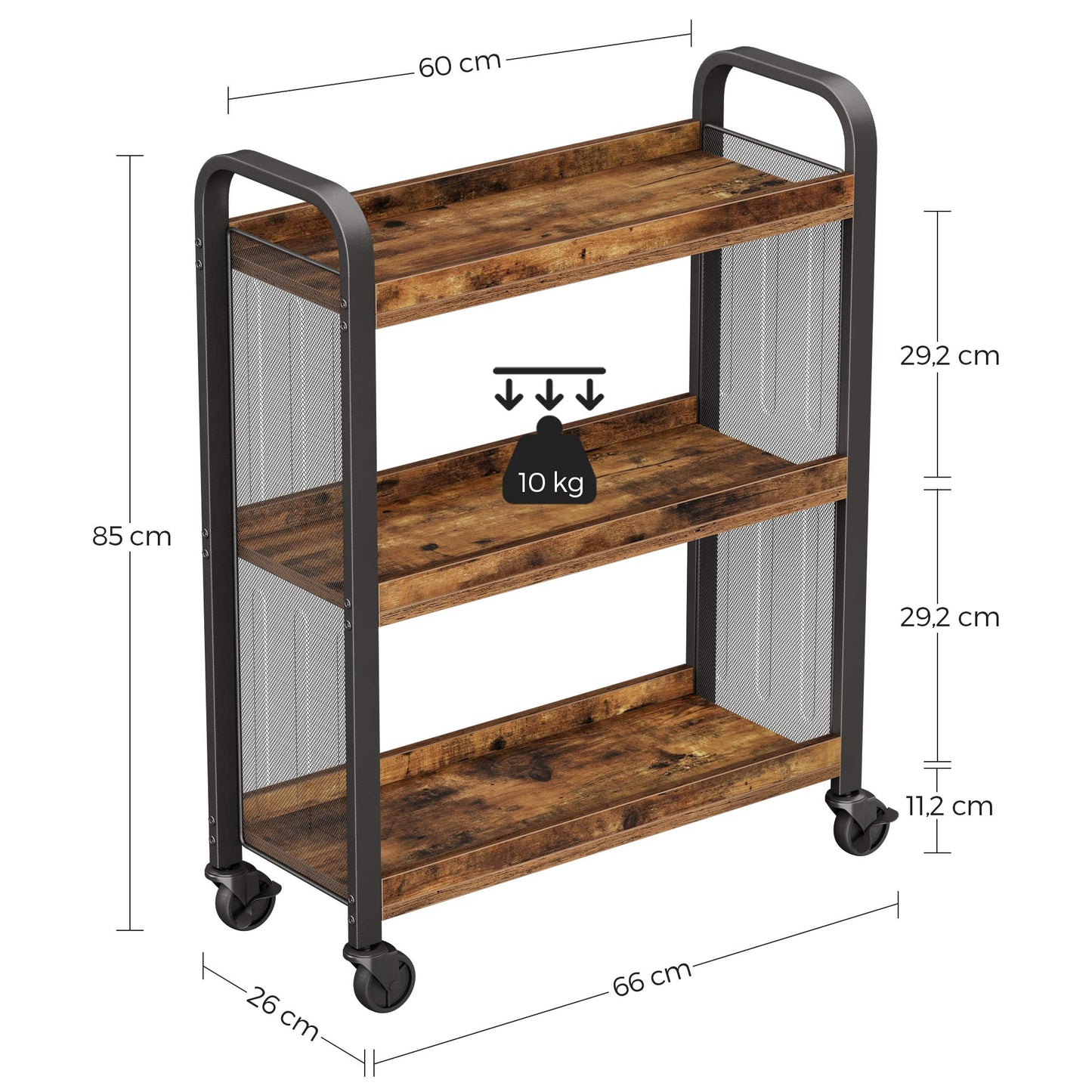 VASAGLE Industrial Style Lunch Trolley, Space-Saving Trolley Fixed or with Universal Wheels, Kitchen Shelf with Iron Frame, 66 x 26 x 85 cm, Vintage Brown LRC66BX