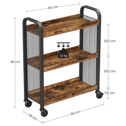 VASAGLE Industrial Style Lunch Trolley, Space-Saving Trolley Fixed or with Universal Wheels, Kitchen Shelf with Iron Frame, 66 x 26 x 85 cm, Vintage Brown LRC66BX