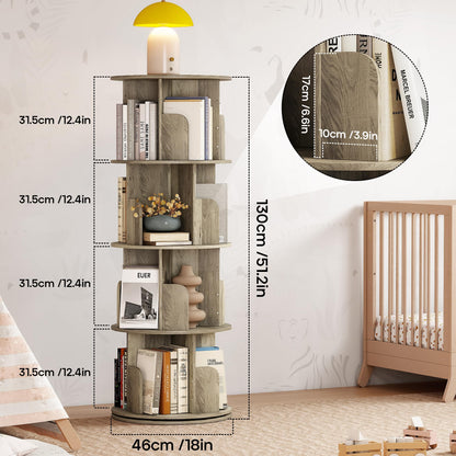 Quikraen 4-Tier Rotating Bookshelf，360° Rotating Storage Rack，Oak Color