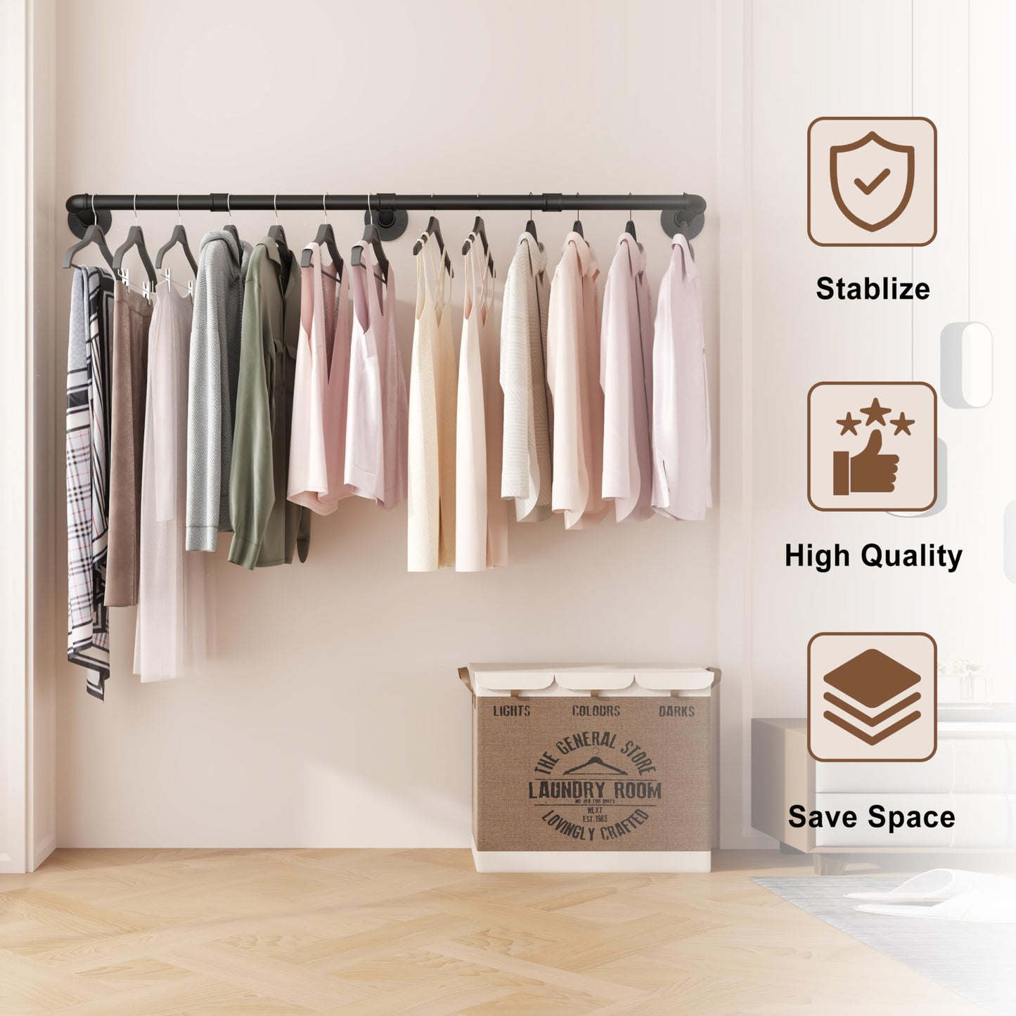 VOLISON Wall Mounted Clothes Rail, 186CM Industrial Pipe Clothing Rack, Detachable Heavy Duty Metal Garment Rail