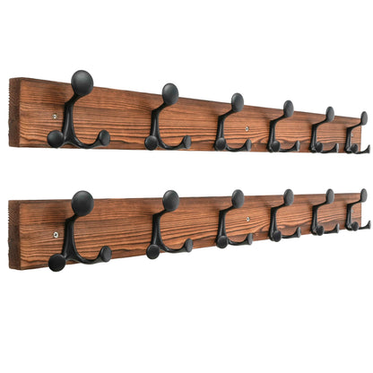 HONSKY Wall Mounted Coat Rack, 91cm BrownPine Wood Base, 6 Black Sturdy Aluminium Alloy Triple Hooks(18 Hanging Points)