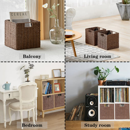 Vagusicc Wicker Storage Basket, Set of 2 Handwoven Wicker Basket, Foldable Storage Baskets Organizer Cube Bins with Handles for Shelves Bathroom