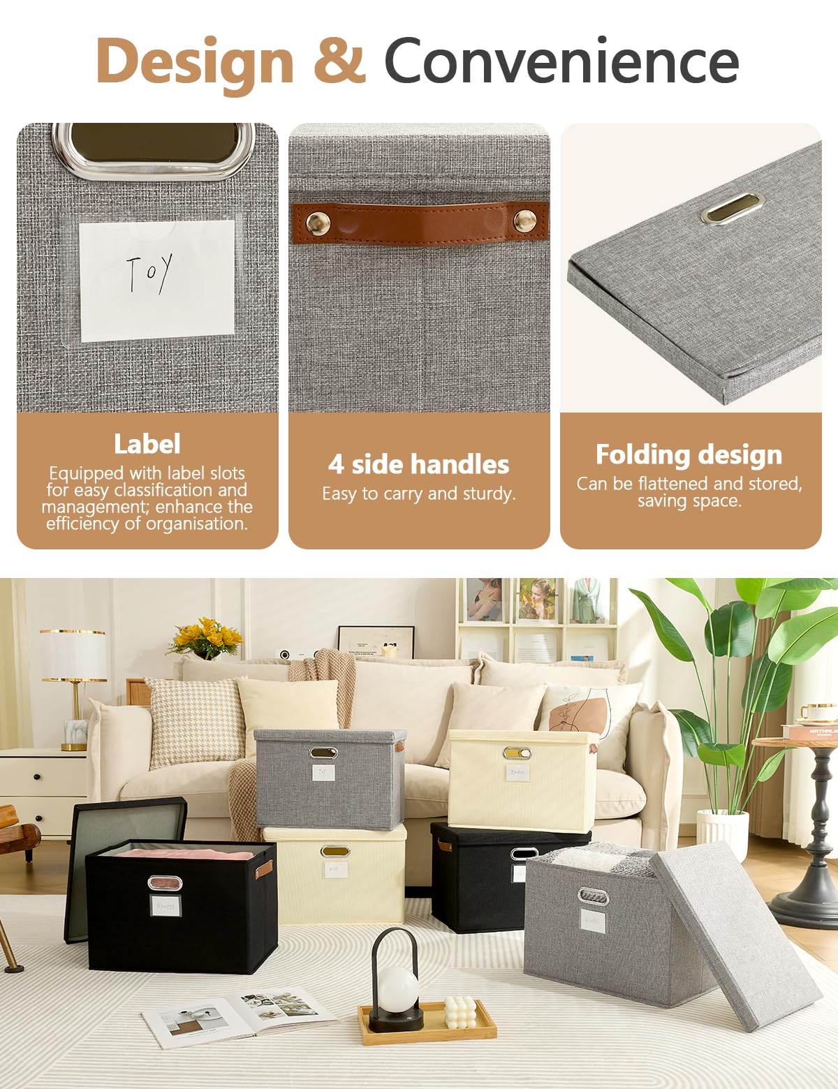 Bagnizer Storage Boxes with Lids 3PCS Foldable Fabric Storage Boxes Large Stackable Storage Baskets for Shelves Storage Box for Clothes Wardrobe Grey