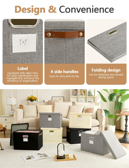 Bagnizer Storage Boxes with Lids 3PCS Foldable Fabric Storage Boxes Large Stackable Storage Baskets for Shelves Storage Box for Clothes Wardrobe Grey