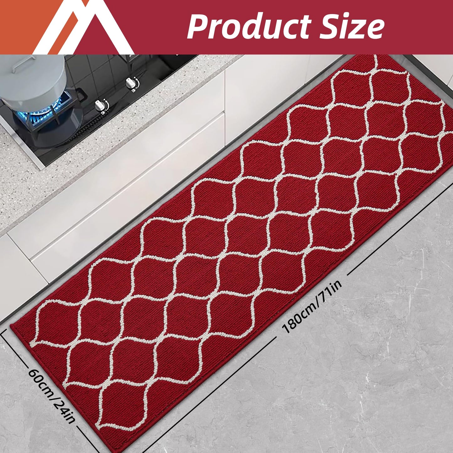 COSY HOMEER Kitchen Mat Rug, 60 x 180cm, Non-Slip Floor Mat Machine Washable Runner for Kitchen, Entryway, Laundry Room, Red